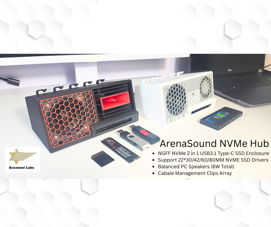 3 in 1 ArenaSound USB Hub: Desk Soundbar, NVMe SSD Enclosure and USB Hub Novelty Device -  Red & Black